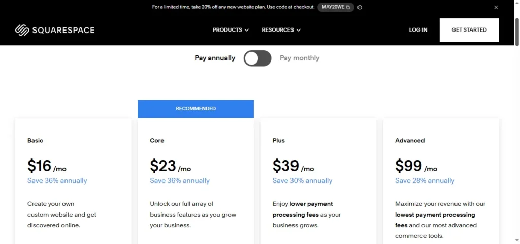 Squarespace pricing